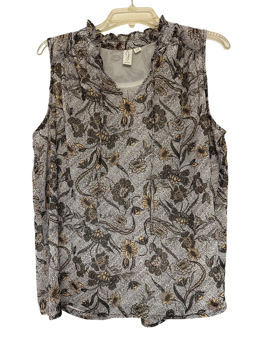 Joie Floral Metallic Sleeveless Blouse Top Ruffle Mock Neck Size L Gold Shimmer